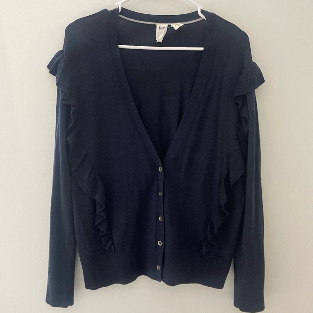 Gap Navy Blue Cascade Ruffle Cardigan with Buttons 100% Merino Wool Large